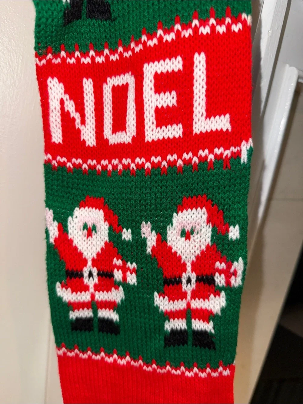 Vintage Noel Santa Knit Christmas Stocking - Red & Green Holiday Decor